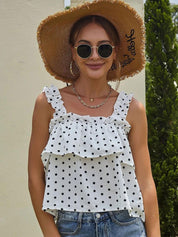 Kotty White & Black Polka Dot Printed Shoulder Strap Ruffled A-Line Crop Top