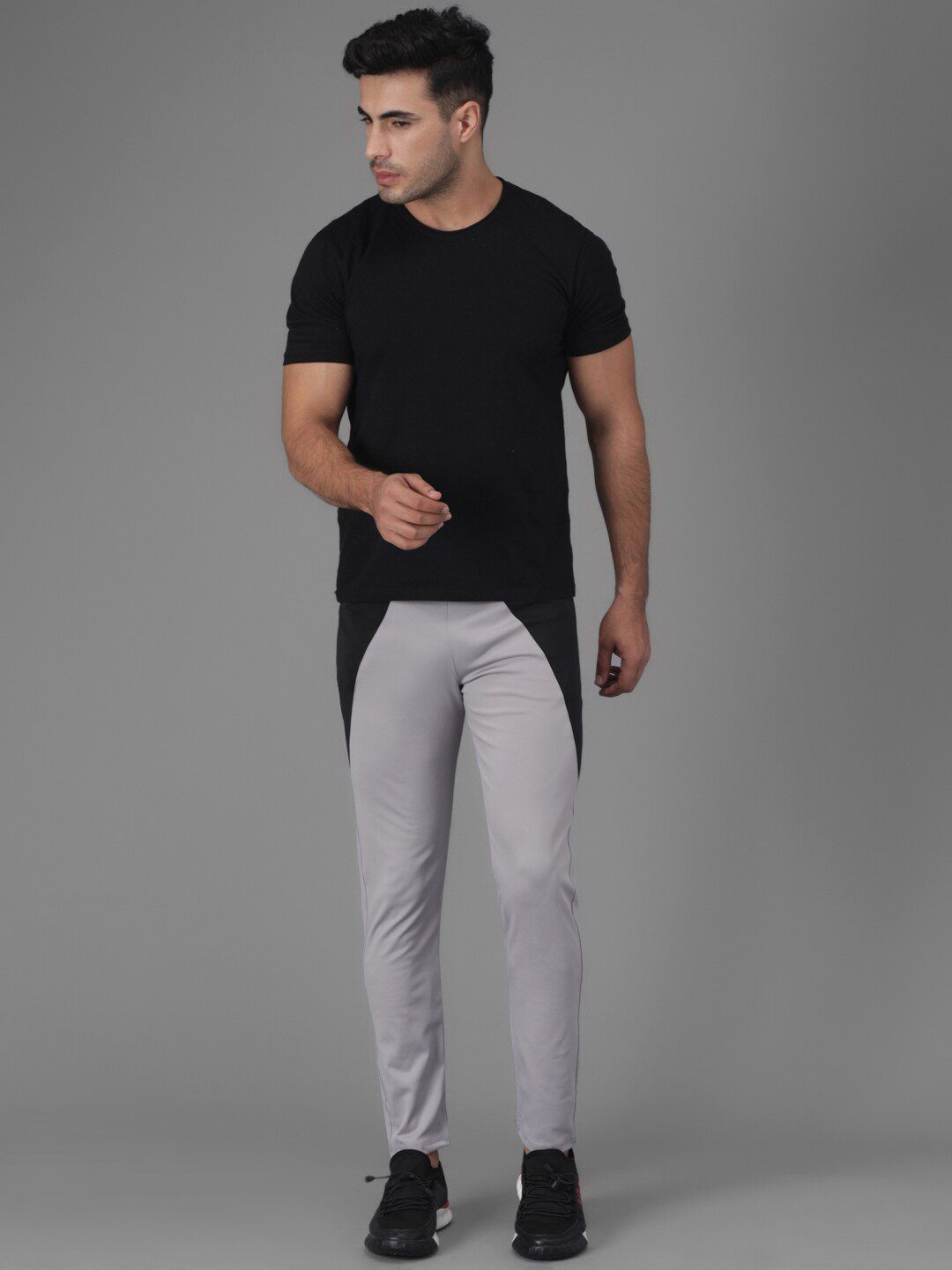 Kotty Men Grey & Black Colourblocked Straight Fit Track Pants