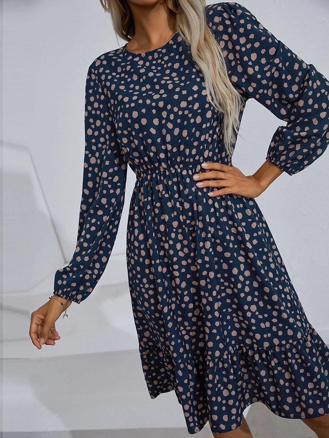 Kotty Polka Dots Printed Puff Sleeve Gathered or Pleated Crepe Fit & Flare Dress