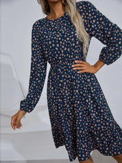 Kotty Polka Dots Printed Puff Sleeve Gathered or Pleated Crepe Fit & Flare Dress