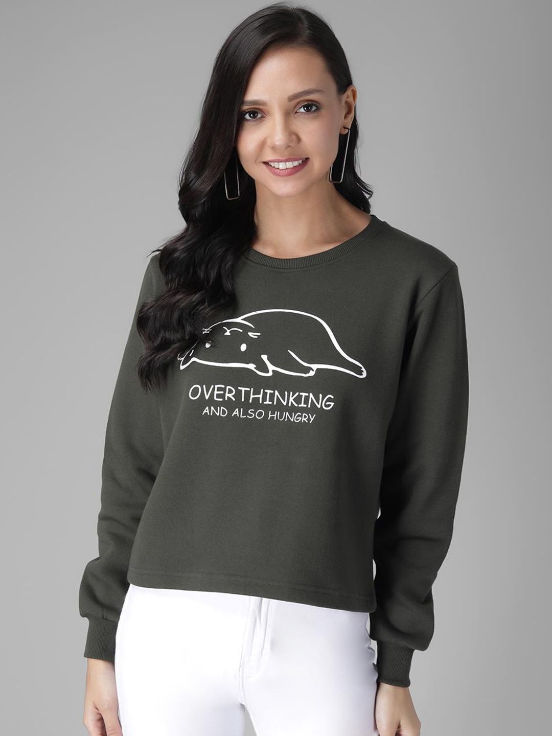 Kotty Women Olive Green Printed Sweatshirt
