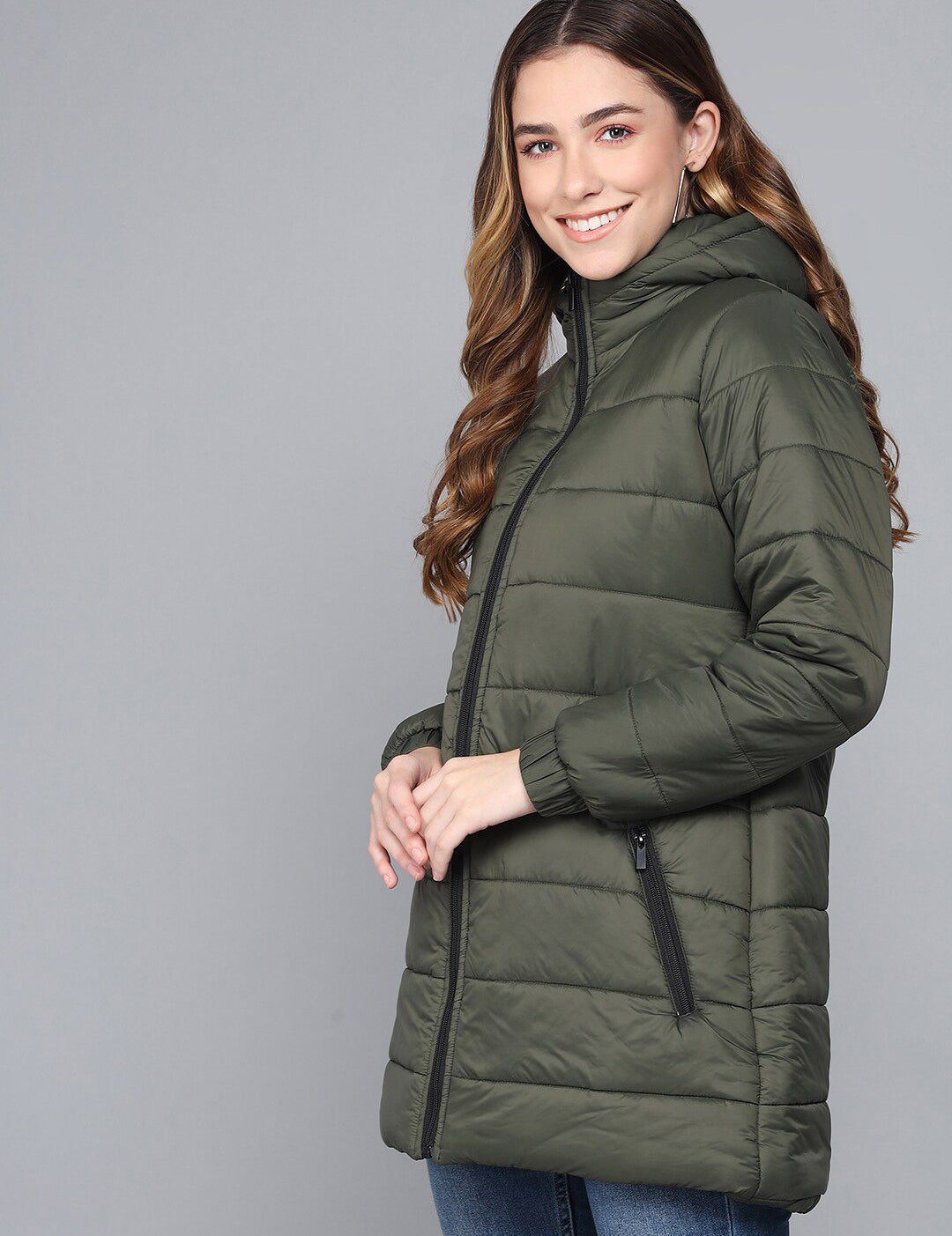 Kotty Women Olive Green Longline Outdoor Padded Jacket with Patchwork