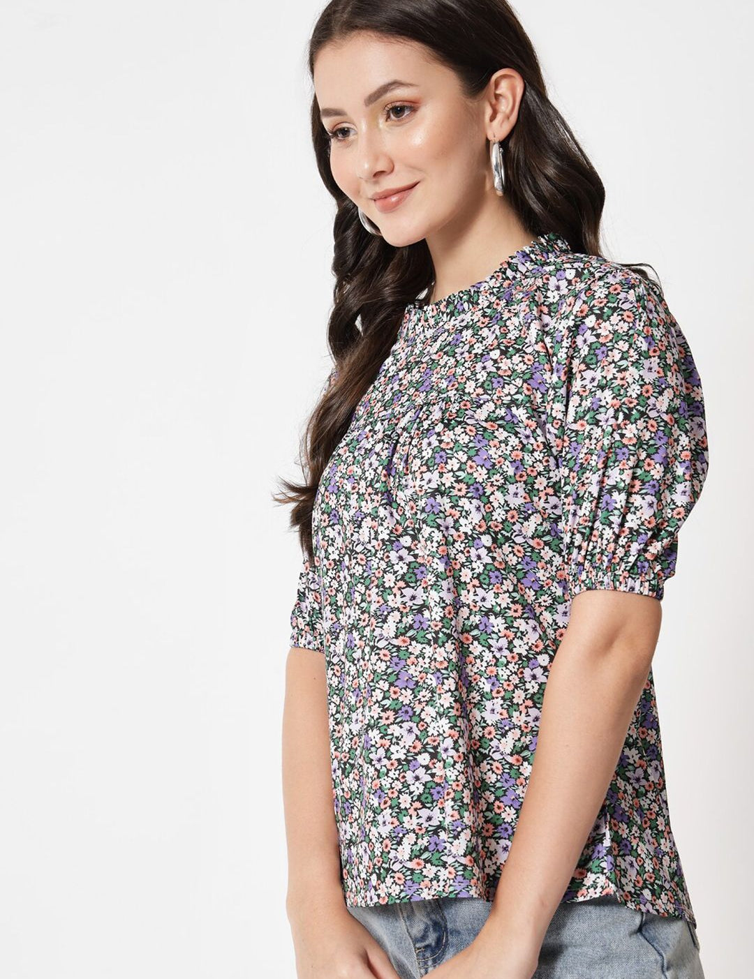 Kotty Women Grey Floral Print Crepe Top