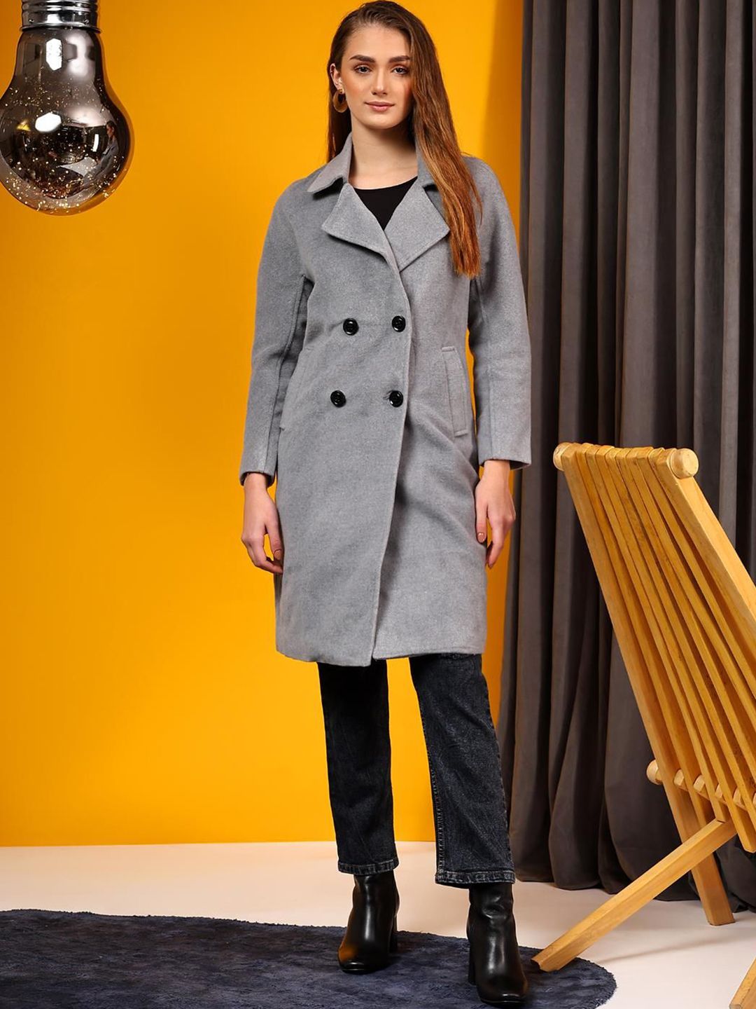 Kotty Women Solid Notched Lapel Single-Breasted Overcoat
