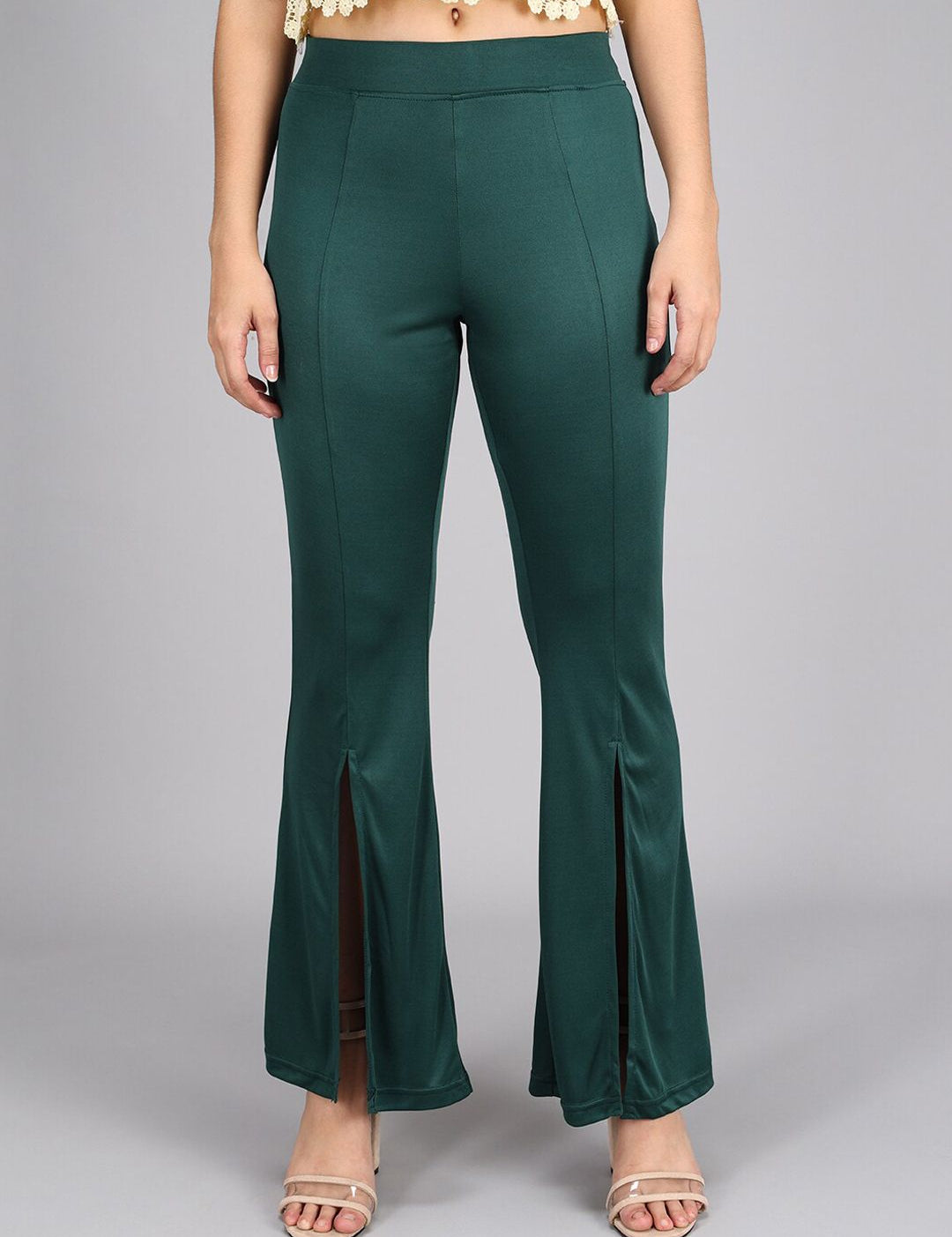 Kotty Women Olive Green Flared High-Rise Bootcut Trousers