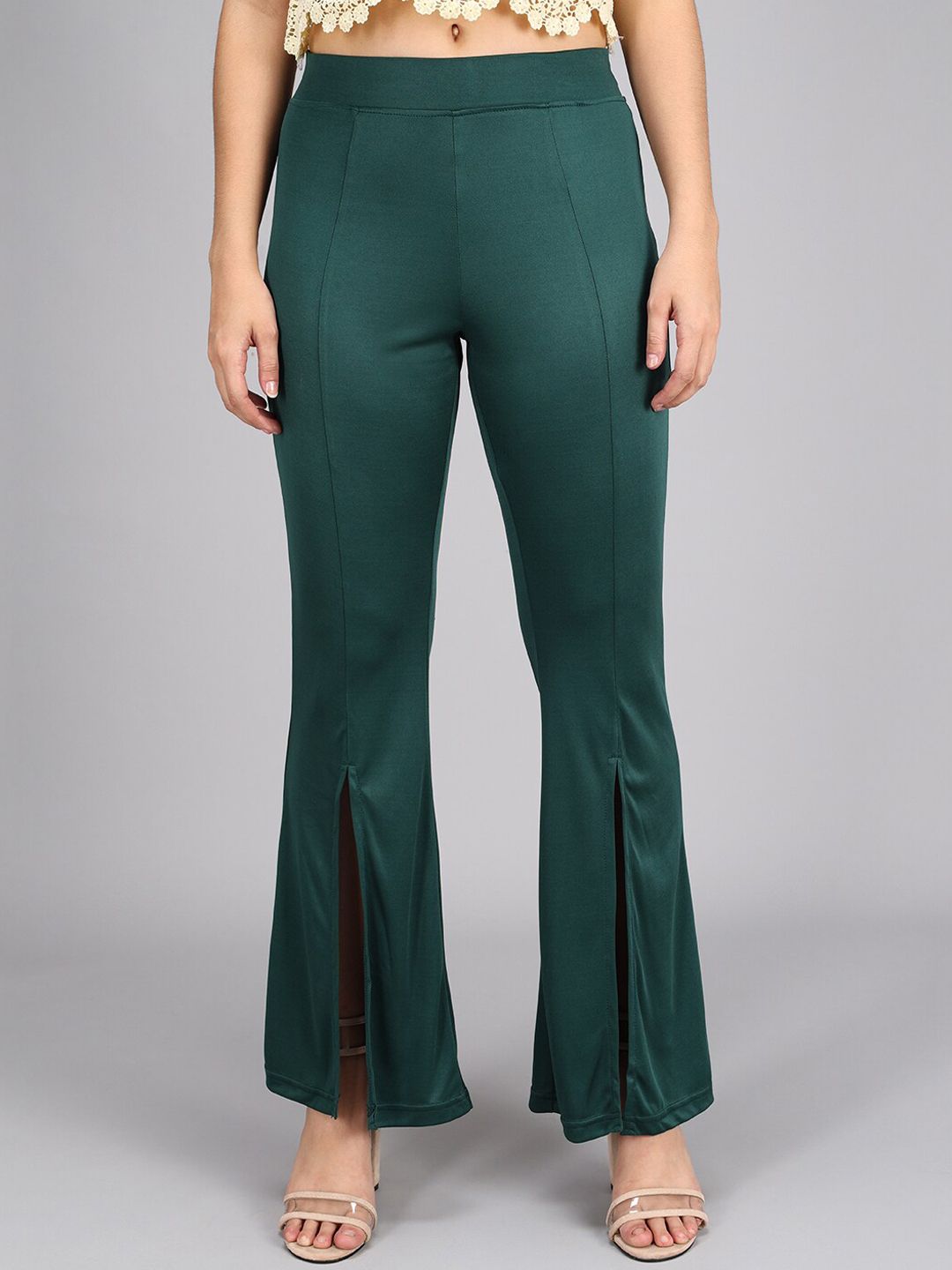 Kotty Women Olive Green Flared High-Rise Bootcut Trousers