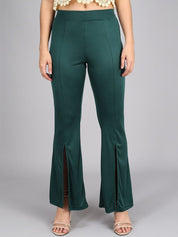 Kotty Women Olive Green Flared High-Rise Bootcut Trousers