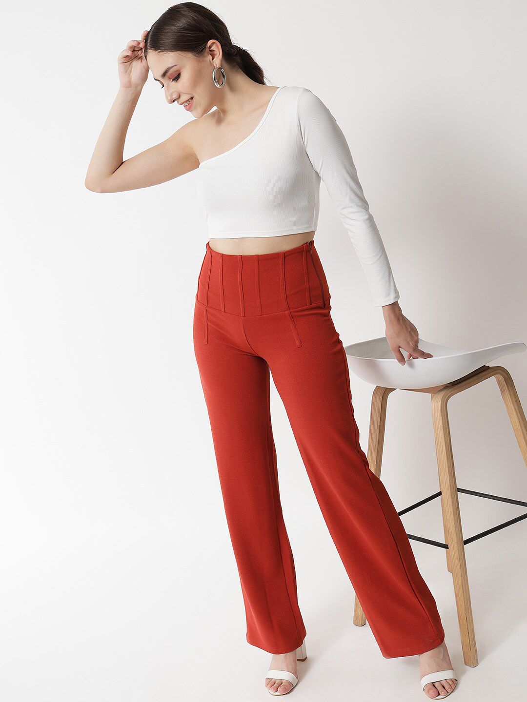Kotty Women Orange Relaxed Straight Fit High-Rise Easy Wash Trousers