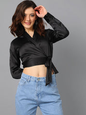 Kotty Black Cuffed Sleeves Satin Wrap Crop Top