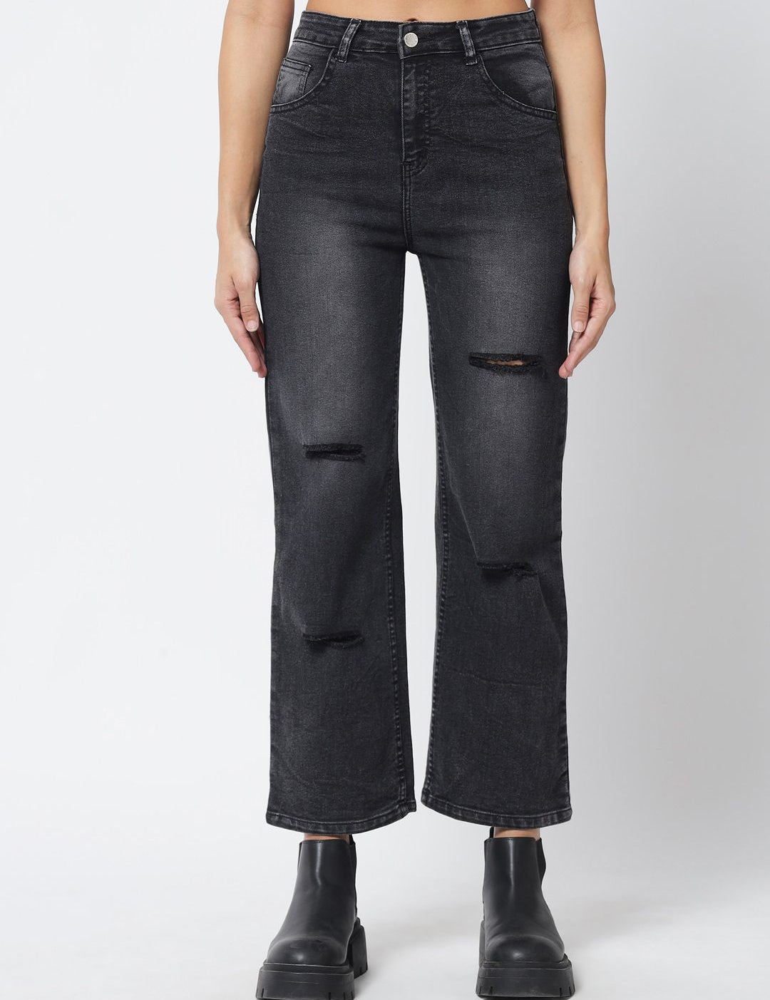 Kotty Women Black Jean Straight Fit Slash Knee Light Fade Stretchable Jeans