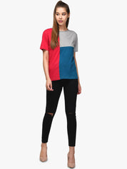 Kotty Women Red & Blue Colourblocked Round Neck T-shirt