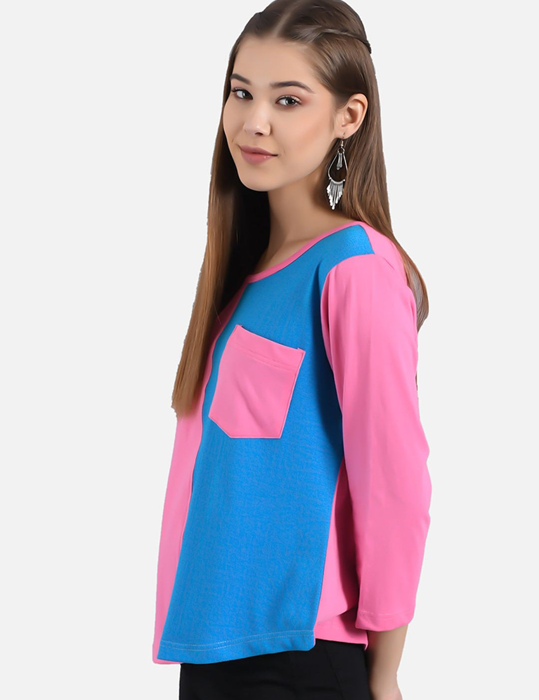 Kotty Women Pink & Blue Colourblocked Round Neck T-shirt