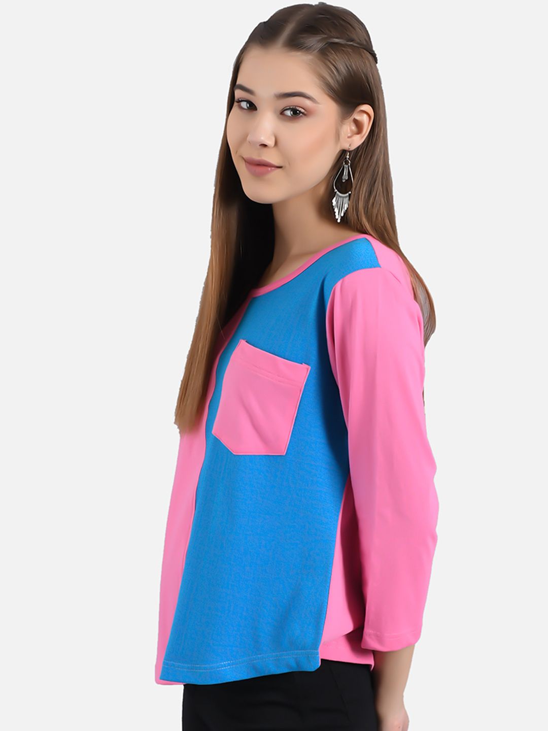 Kotty Women Pink & Blue Colourblocked Round Neck T-shirt