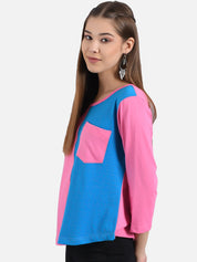 Kotty Women Pink & Blue Colourblocked Round Neck T-shirt