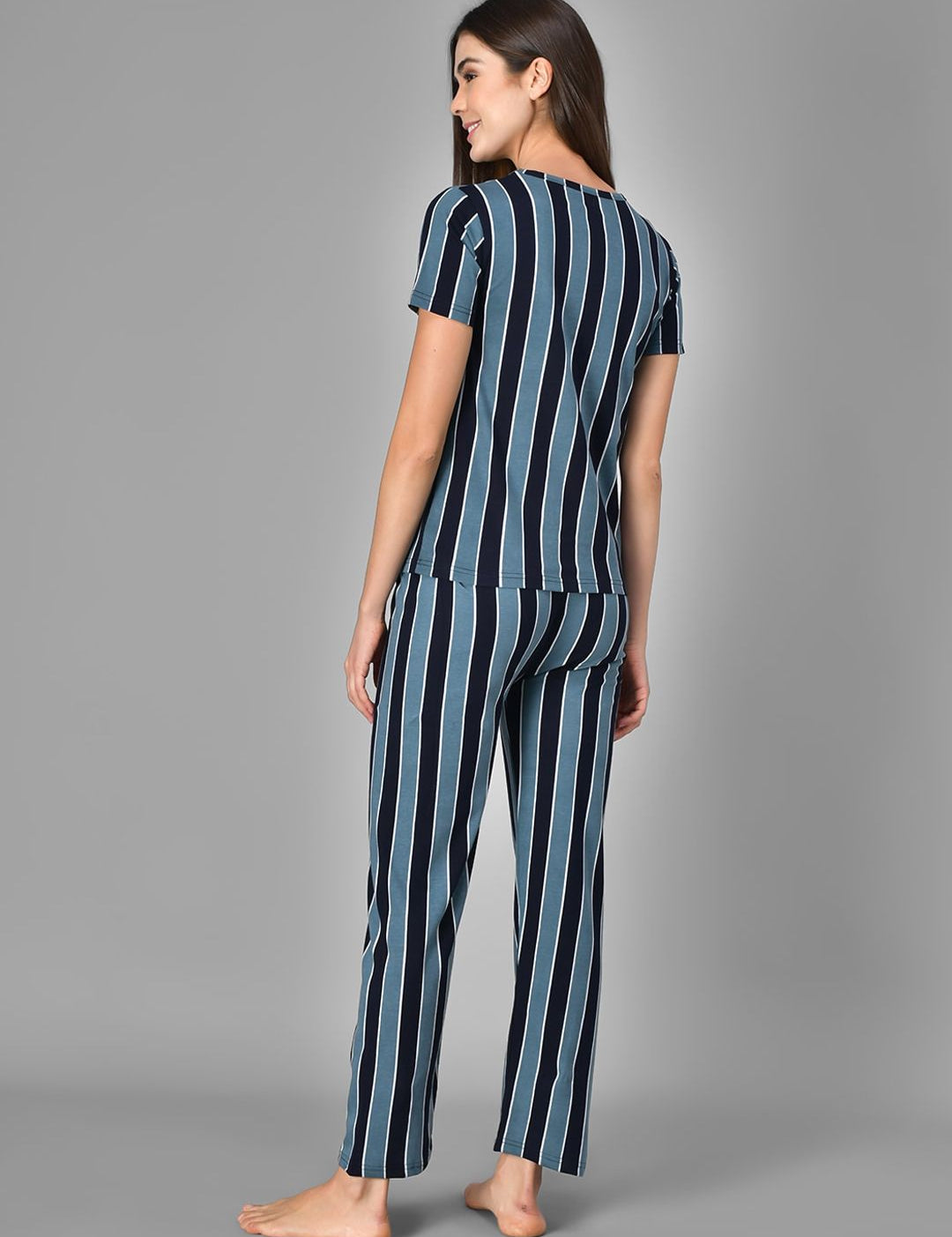 Kotty Women Blue & Black Striped Night Suit