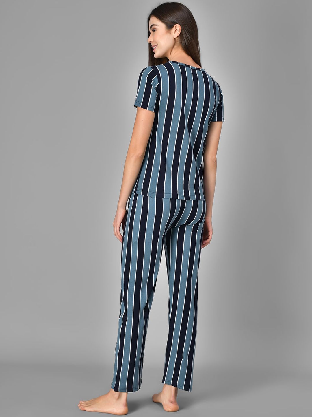 Kotty Women Blue & Black Striped Night Suit