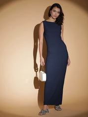 Stylecast X KOTTY Basics Navy Blue Boat Neck Maxi Dress