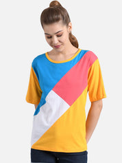 Kotty Women Yellow & Blue Colourblocked Round Neck T-shirt