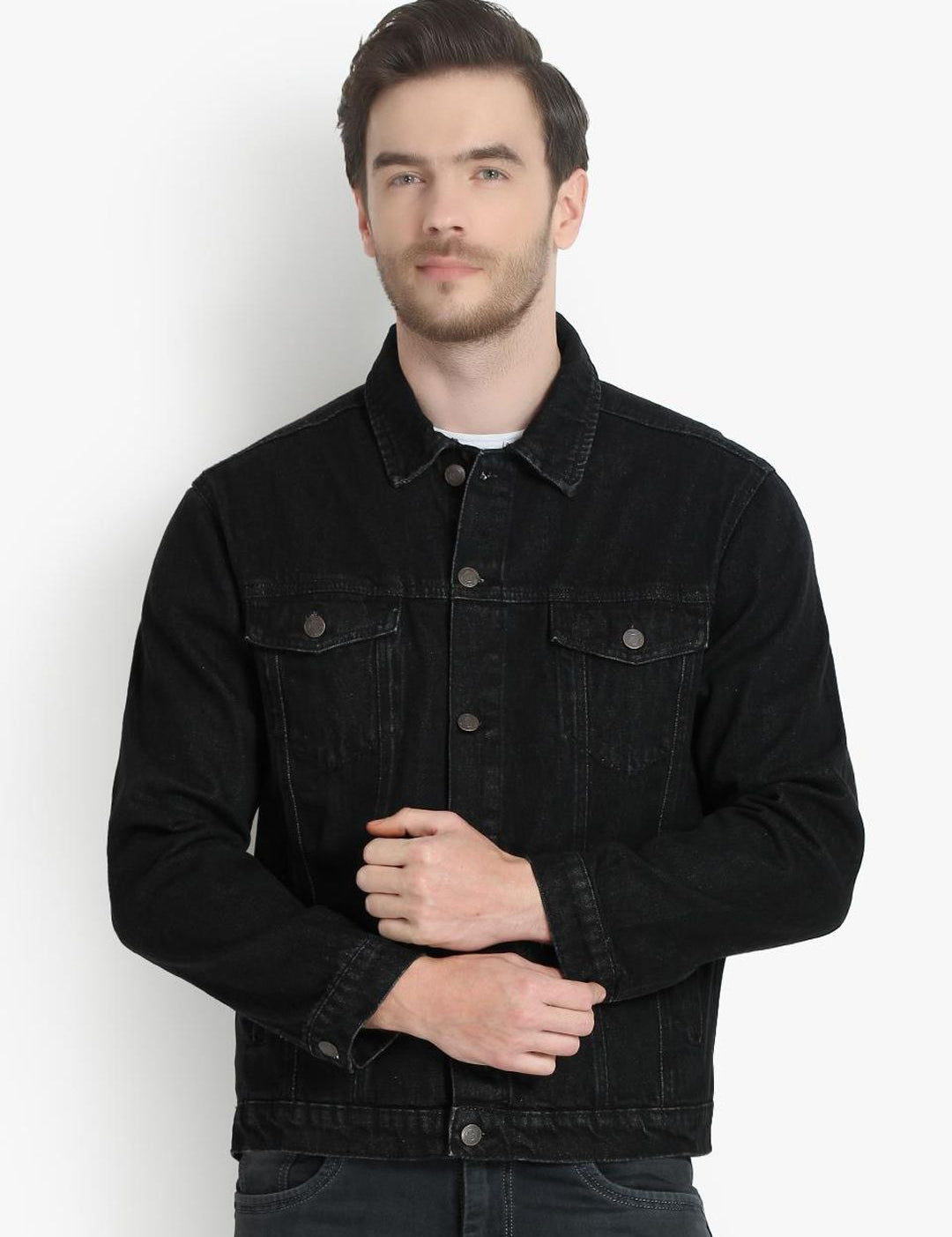 Kotty Men Black Printed Denim Jacket