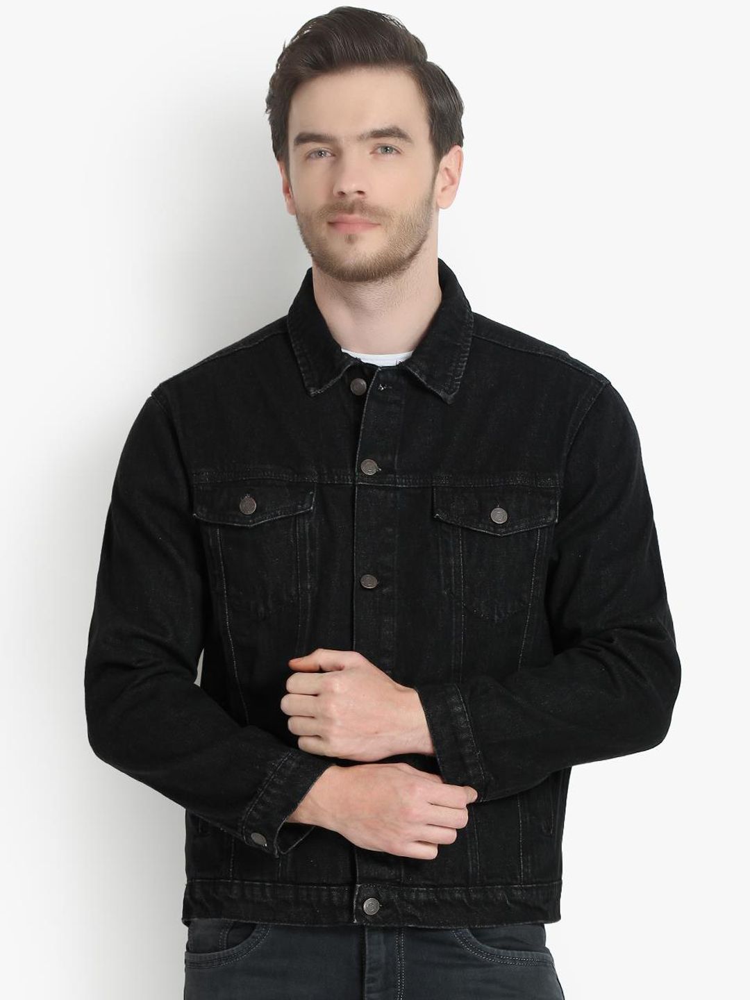 Kotty Men Black Printed Denim Jacket