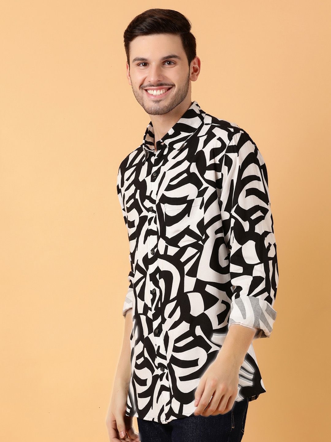 Kotty Men Relaxed Spread Collar Graphic Printed Cotton Casual Shirt