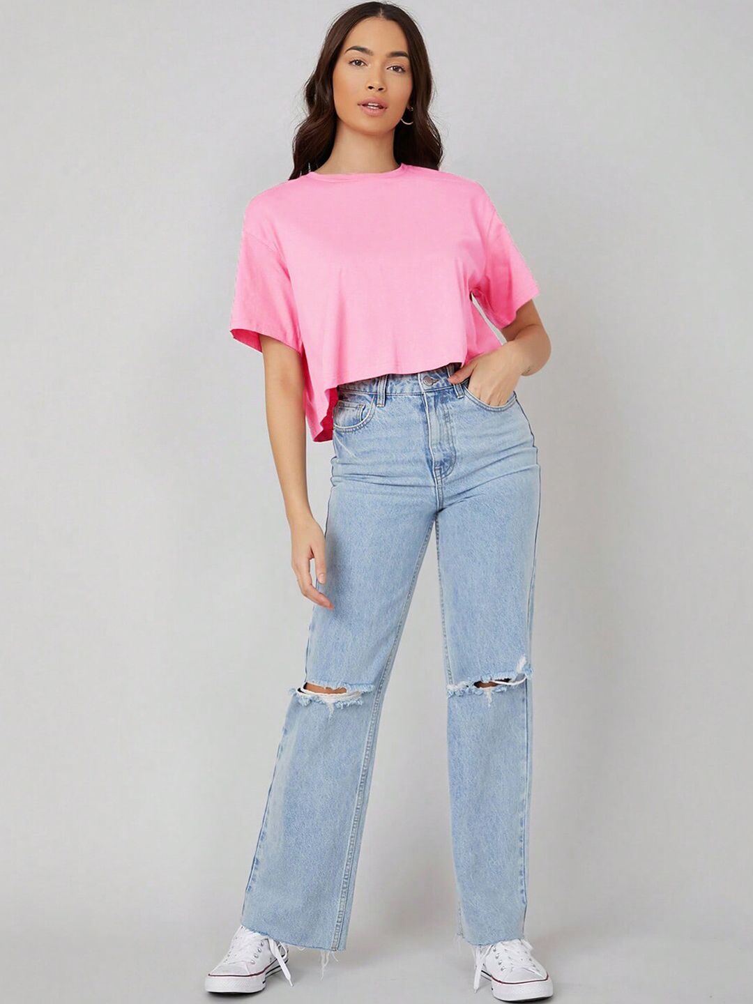 KOTTY Basics Pink Round Neck Drop-Shoulder Sleeves Crop Oversized T-shirt