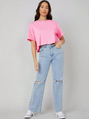 KOTTY Basics Pink Round Neck Drop-Shoulder Sleeves Crop Oversized T-shirt
