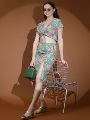Kotty Green Floral Printed V-Neck Top & Skirt