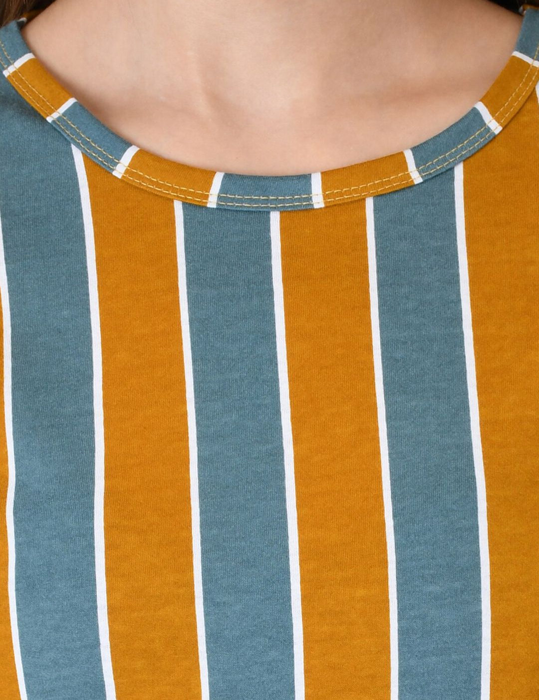 Kotty Women Yellow & Grey Striped Round Neck T-shirt