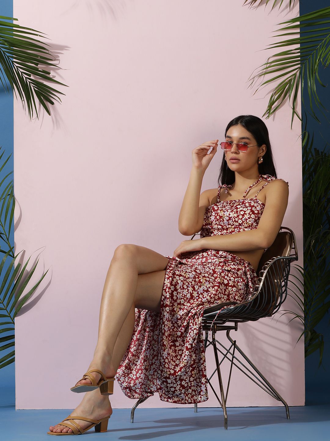 Kotty Red Floral Printed Shoulder Straps Top With Skirt