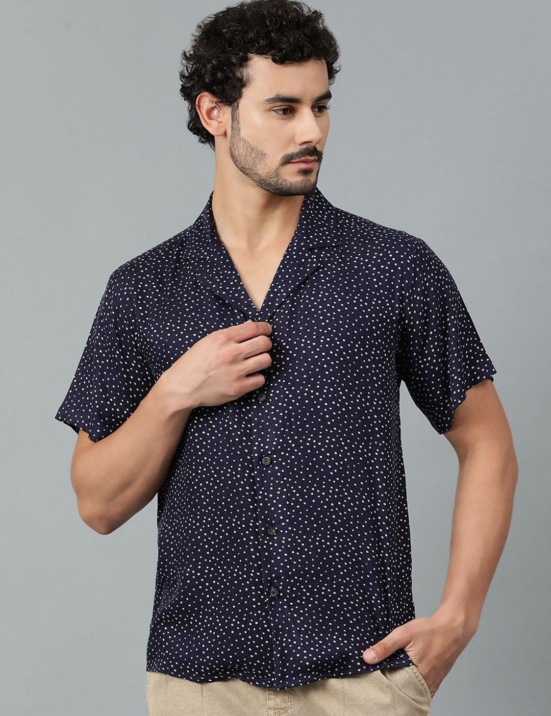 Kotty Men Cuban Collar Micro Ditsy Printed Casual Shirt
