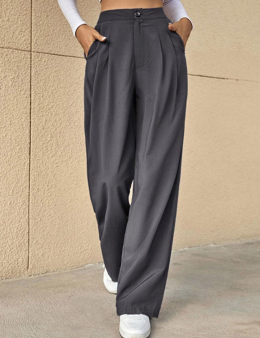 Kotty Grey Women Relaxed Straight Leg High-Rise Easy Wash Pleated Parallel Trousers