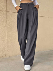 Kotty Grey Women Relaxed Straight Leg High-Rise Easy Wash Pleated Parallel Trousers
