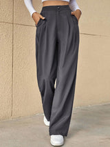 Kotty Grey Women Relaxed Straight Leg High-Rise Easy Wash Pleated Parallel Trousers