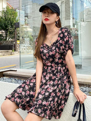 Kotty Navy Blue & Pink Floral Printed Sweetheart Neck Puffed Sleeves Fit & Flare Dress