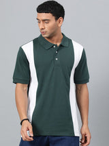Kotty Green & White Colourblocked Polo Collar Cotton T-shirt