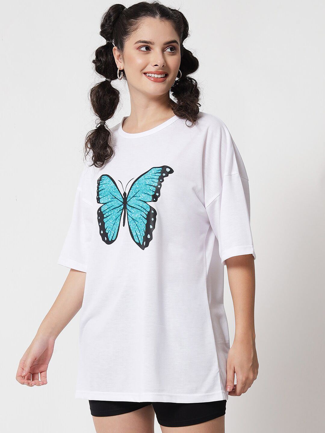 Kotty Women White Typography Printed Oversized T-shirt