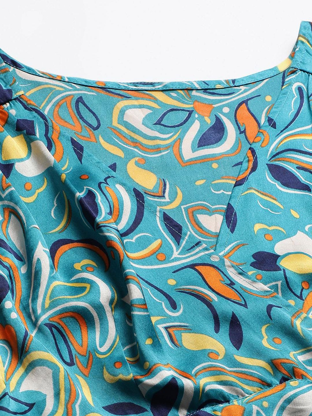 Kotty Sea Green And Blue Floral Printed V-Neck Fit & Flare Midi Dress