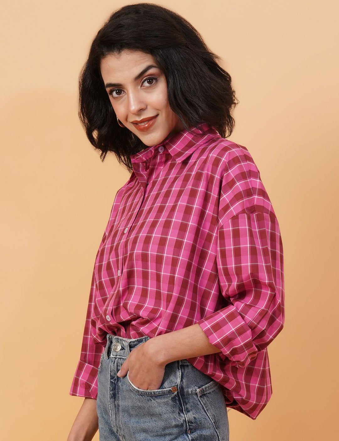 Kotty Checked Spread Corllar Drop-Shoulder Sleeves Longline Shirt