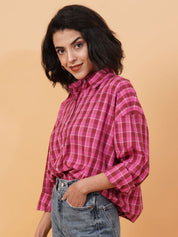 Kotty Checked Spread Corllar Drop-Shoulder Sleeves Longline Shirt