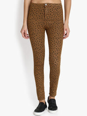 Kotty Women Tan & Brown Animal Print High-Rise Skinny Fit Clean Look Jeans
