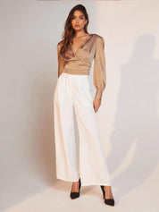 Kotty Brown Puff Sleeve Satin Wrap Top