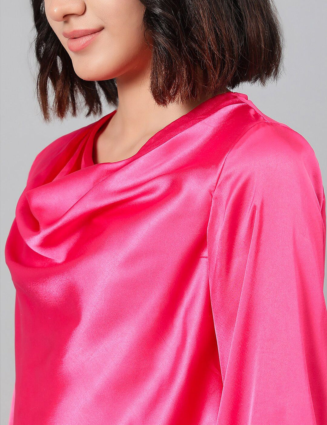 Kotty Pink Cowl Neck Cuffed Sleeve Satin Regular Top