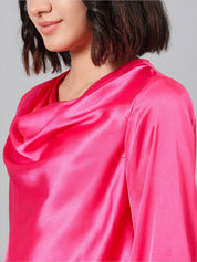 Kotty Pink Cowl Neck Cuffed Sleeve Satin Regular Top