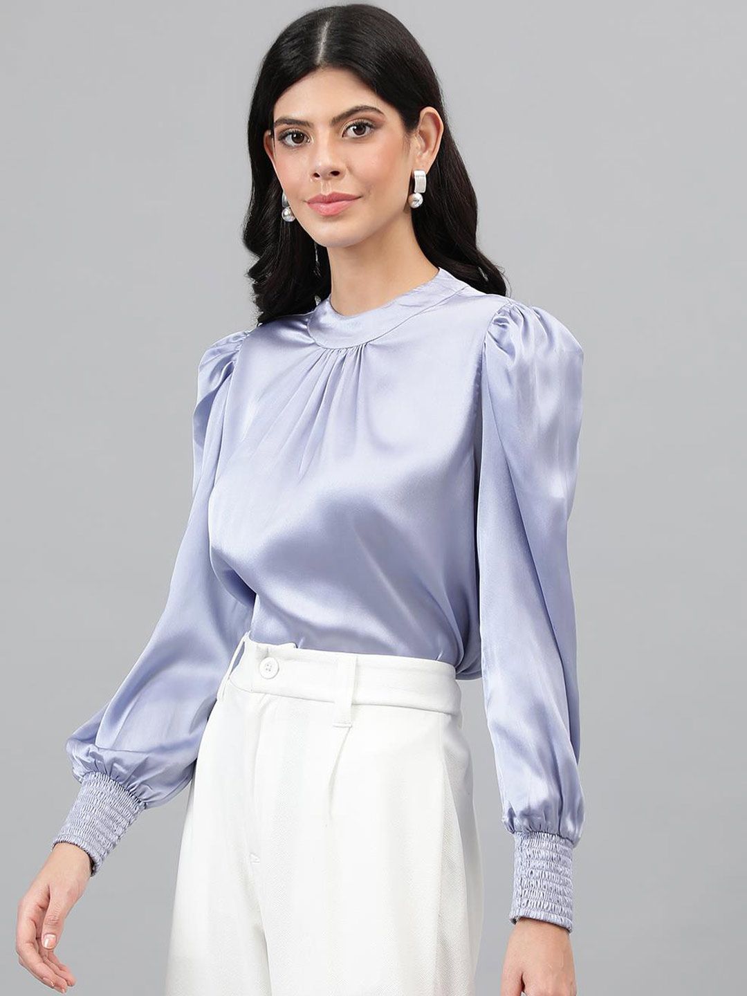 Kotty Purple Puff Sleeves Satin Top