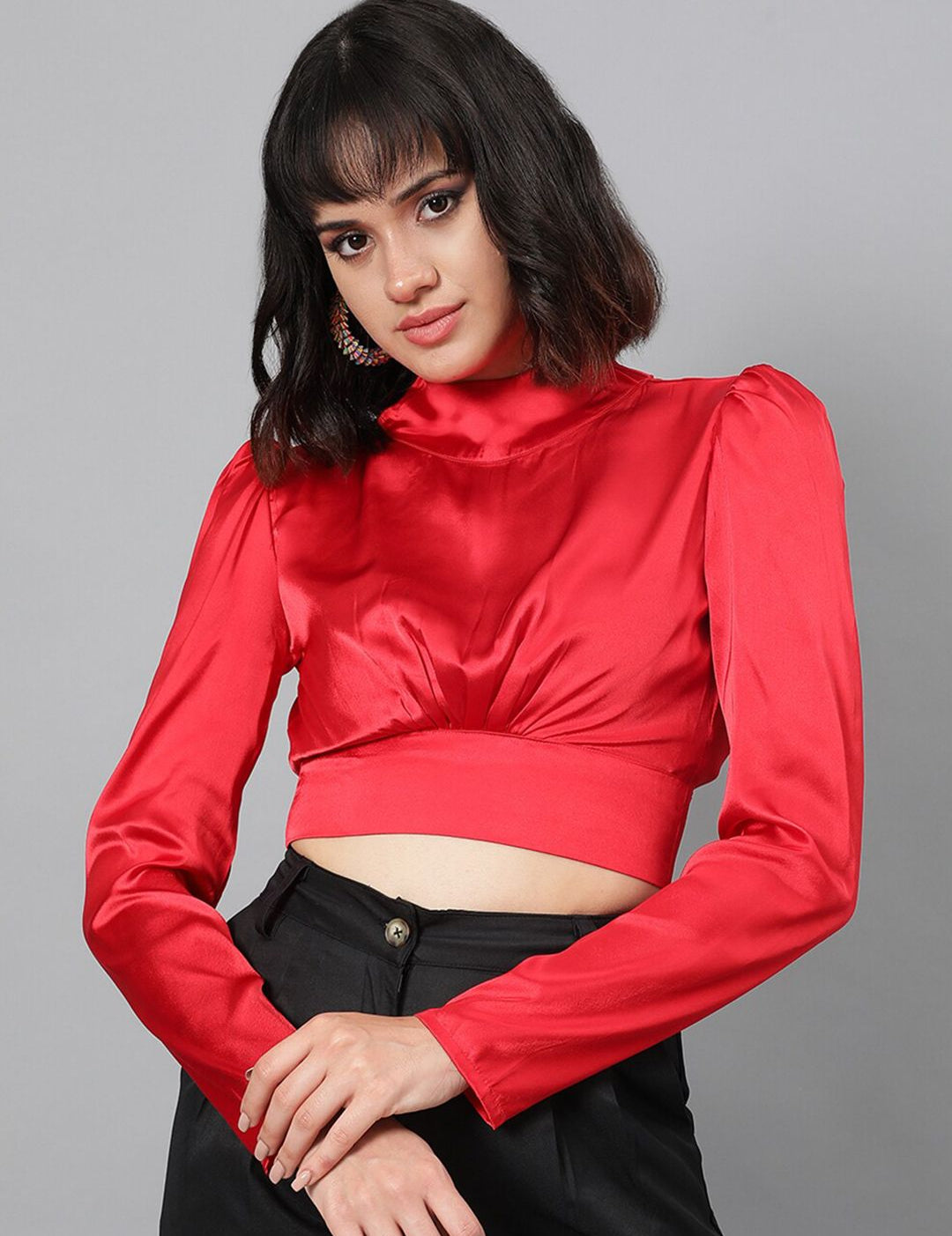 Kotty Red Satin Crop Regular Top