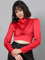 Kotty Red Satin Crop Regular Top