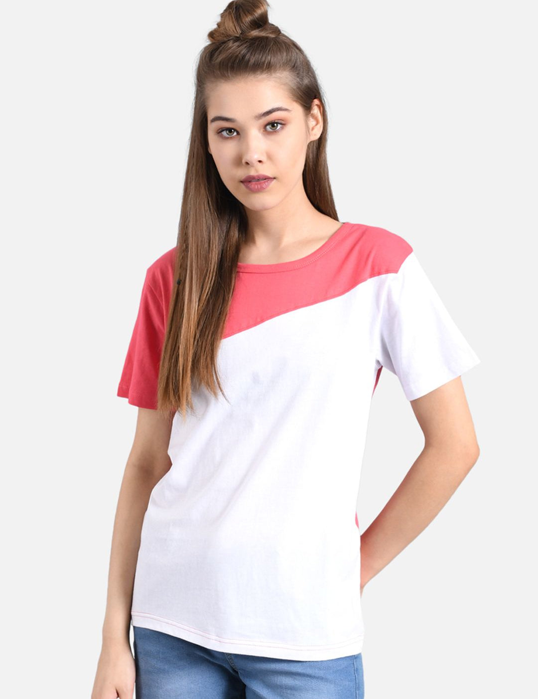 Kotty Women White & Pink Colourblocked Round Neck T-shirt