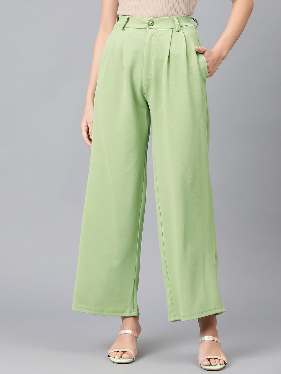 Kotty Women Green High-Rise Easy Wash Pleated Parallel Trousers