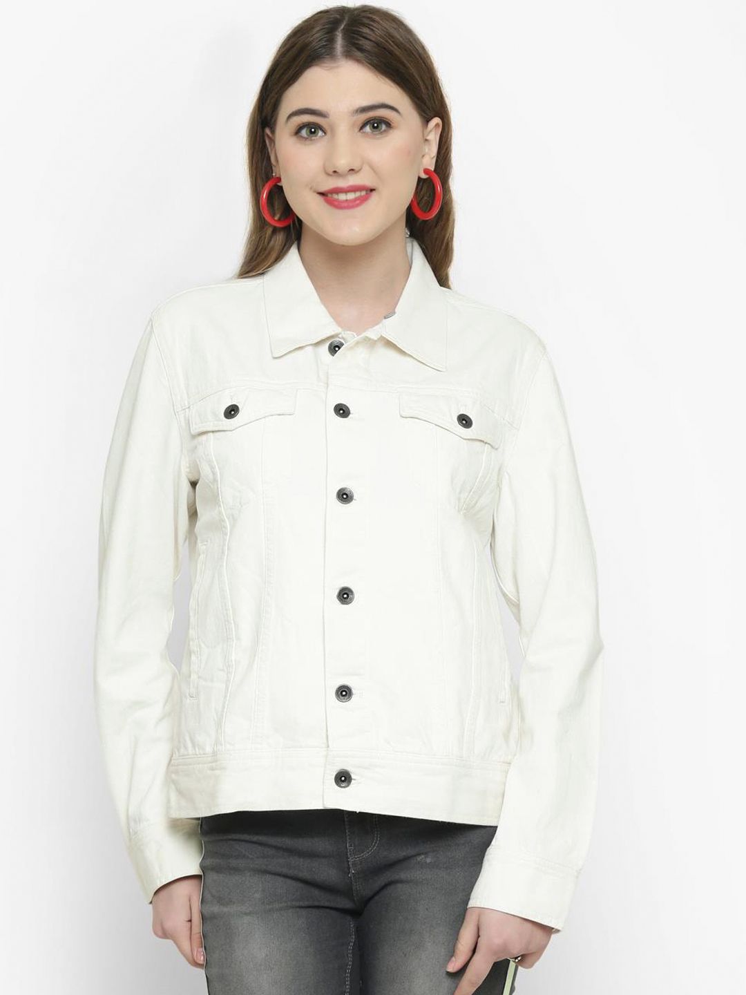 Kotty Women White Printed Denim Jacket